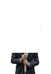 businessman holding blank board