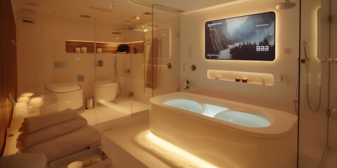 Luxury Modern Bathroom with Ambient Lighting and Smart Technology
