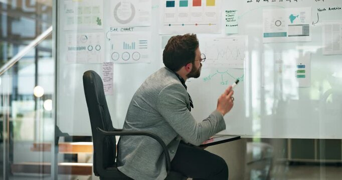 Businessman, whiteboard and planning with tablet for statistics, analytics or company growth at office. Young man, employee or financial analyst with technology for data, review or corporate revenue