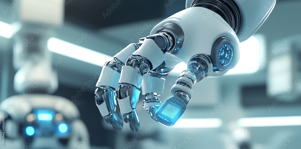 Aufkleber A close-up of a robotic hand with a blue glowing screen. The robot is in a futuristic laboratory setting.