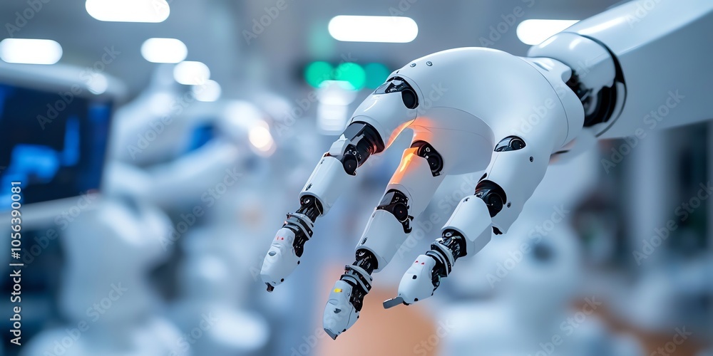 Poster A close-up of a robotic arm in a futuristic factory setting.