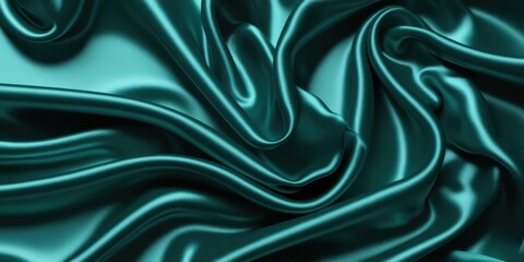 Fototapeta premium Luxurious teal satin fabric, flowing folds, shimmering texture, silky smooth surface, rich emerald green hues, elegant drapery, soft reflections, high-end textile, fashion background, opulent material
