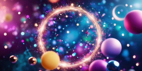 Magical glass bottles, glowing potions, cosmic background, floating lanterns, enchanted forest, fairy lights, ethereal atmosphere, mystical ring, starry night sky, colorful reflections, fantasy scene,