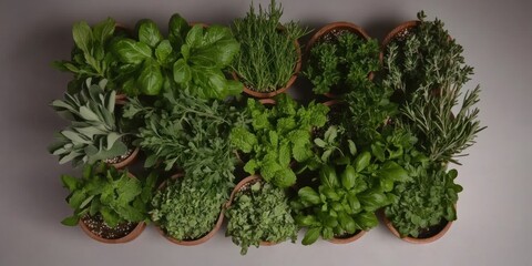 A variety of herbs arranged in terracotta pots for culinary use and gardening.