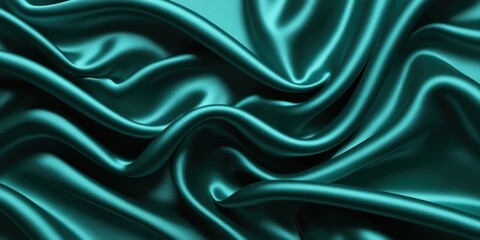 Obraz premium Luxurious teal satin fabric, flowing folds, shimmering texture, silky smooth surface, rich emerald green hues, elegant drapery, soft reflections, high-end textile, fashion background, opulent material