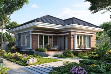 Fototapeta premium A compact one-story house with a smart use of space, featuring a small garden and efficient interior design, perfect for urban or suburban areas.