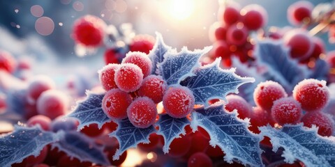 Frozen berries, macro photography, winter frost, icy crystals, red and blue color palette, bokeh lights, extreme close-up, crystalline details, cold atmosphere, nature's beauty, seasonal fruit, gliste