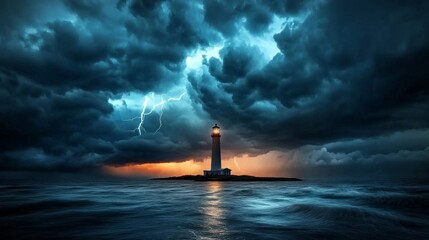 Fototapeta premium Dark and stormy sky over a lonely lighthouse, with lightning generative ai