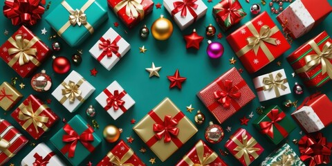 Christmas gifts, colorful wrapped presents, festive holiday decor, red and green color scheme, shiny ornaments, gold ribbons, teal background, flat lay photography, top view, abundance, variety, celeb