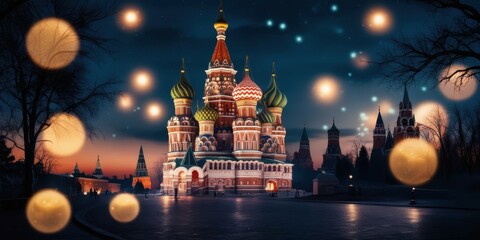 Fototapeta premium Red Square Moscow, St. Basil's Cathedral, night scene, illuminated architecture, colorful domes, bokeh lights, orange glowing orbs, starry sky, magical atmosphere, historic landmark, Russian architect