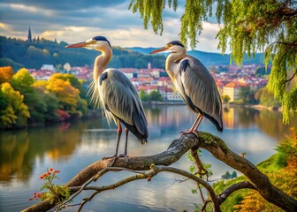 Great Heron Pair on Vltava River Tree - Long Exposure Photography