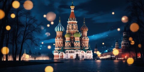 Obraz premium Red Square Moscow, St. Basil's Cathedral, night scene, illuminated architecture, colorful domes, bokeh lights, orange glowing orbs, starry sky, magical atmosphere, historic landmark, Russian architect