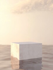 White pedestal in water, concrete, sky background at dusk, light beige and amber style, realistic composition, deconstructed minimalism, light beige and beige, ,generative ai