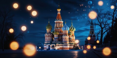Fototapeta premium Red Square Moscow, St. Basil's Cathedral, night scene, illuminated architecture, colorful domes, bokeh lights, orange glowing orbs, starry sky, magical atmosphere, historic landmark, Russian architect