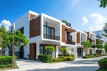 A contemporary condominium design showcasing a minimalist approach with a clean white facade and contrasting wooden accents.
