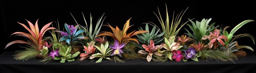 Obraz premium A vibrant arrangement of colorful plants displayed on a dark surface.