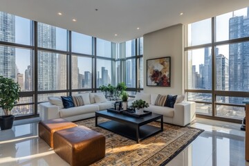 Fototapeta premium A luxury apartment residence showcasing a spacious interior with open-plan living, high ceilings, and large windows offering breathtaking skyline views.