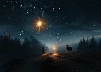 Starry Night Sky Over Forest Road, Christmas Star, Nativity Scene, Jesus Birth, Winter Landscape, Night Road, Bright Star, Silhouette Forest, Sunset Glow