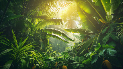 Thick jungle foliage with vibrant green leaves under golden sunlight. Keywords: tropical canopy, lush plants, sunlit leaves, jungle atmosphere, dense forest.