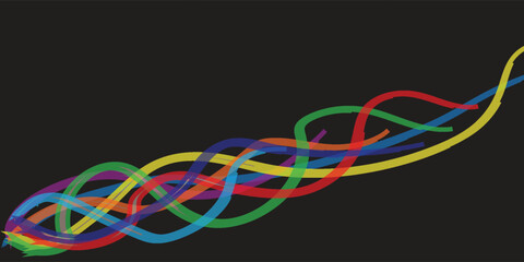 Elegant abstract design features smooth wavy monochrome colorful lines intertwined on a black background