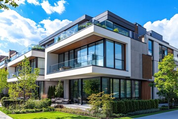Fototapeta premium A modern luxury condo featuring sleek, contemporary architecture with large glass windows, clean lines, and a stylish facade that captures urban elegance.