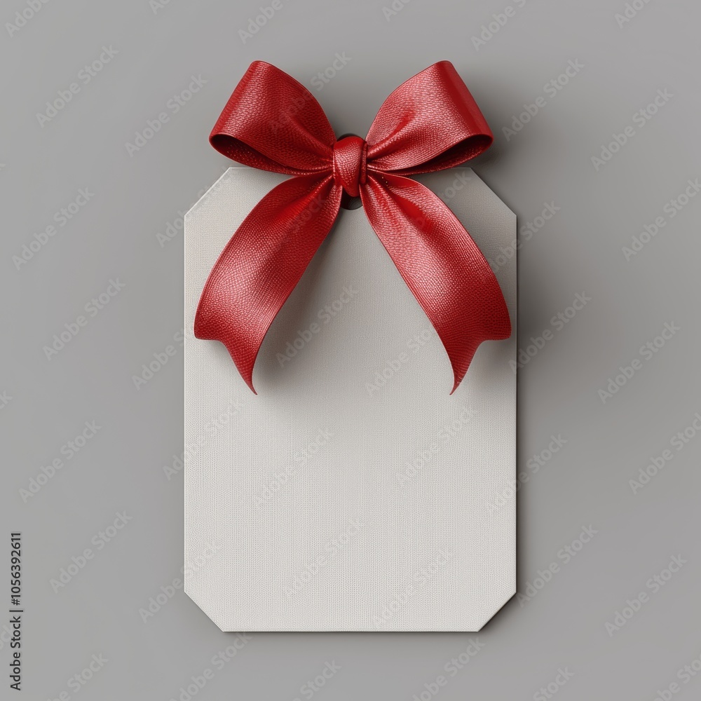 Fototapete minimal white gift tag with red ribbon on grey background realistic 3d render clean lines simple sha