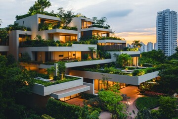 Obraz premium An outside view of a contemporary condominium with multi-level terraces, each offering private outdoor spaces for residents.