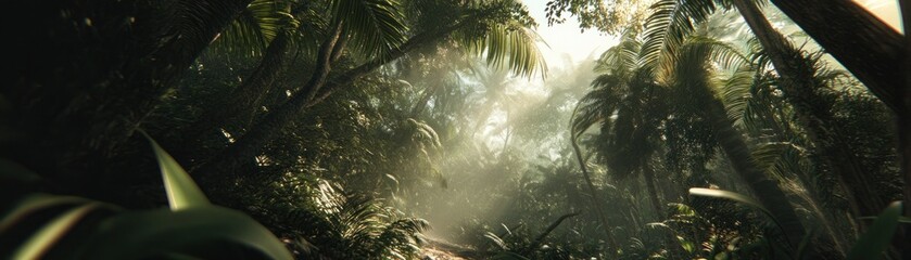 A dense jungle scene illuminated by sunlight filtering through the trees.