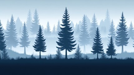 Obraz premium A serene landscape featuring silhouettes of pine trees against a misty background.