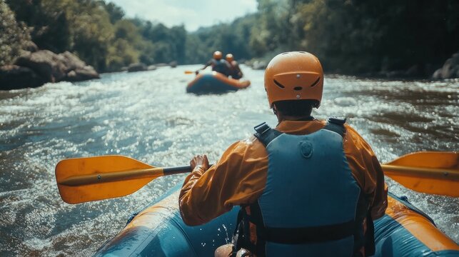 A river rafting guide navigating a raft through moderate rapids, communicating with the team to steer smoothly and safely.