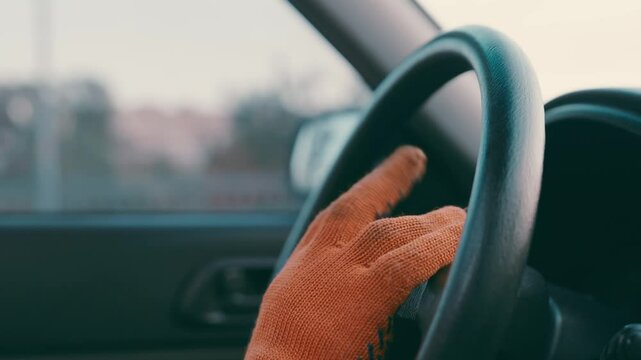 Worker in Safety Gloves Drumming Fingers on Steering Wheel | Construction Driver Impatient Waiting | Blue Collar Daily Routine | Evening Traffic Restless Moment