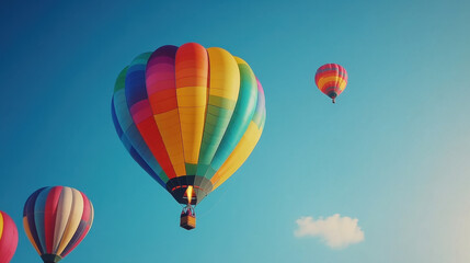 Obraz premium Colorful hot air balloons float gracefully in clear blue sky, creating vibrant and joyful scene. festival atmosphere is enhanced by bright colors and serene surroundings