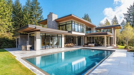 Fototapeta premium A spacious modern mansion with large windows and a beautiful swimming pool in the backyard, emphasizing luxury and openness