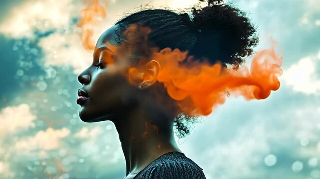 Young beautiful african american woman meditates or dreams, double exposure Video