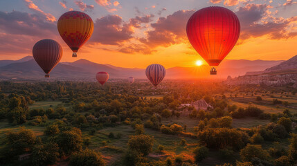 Fototapeta premium Breathtaking hot air balloons soar over picturesque landscape at sunset, casting vibrant colors against sky. serene view captures beauty of nature and adventure