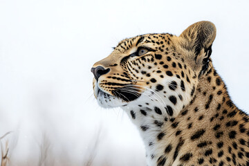 Obraz premium Stunning portrait of a leopard gazing into the distance against a snowy white backdrop