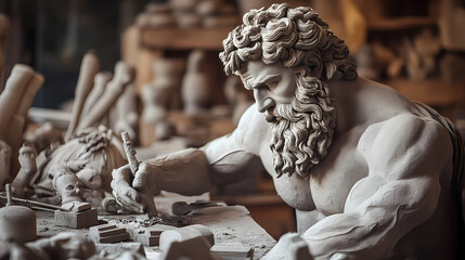 Hephaestus, crafted from clay, offering a free repair workshop for broken electronics and household items, using his forge to fix them. Renaissance Artisan Workshop. Illustration