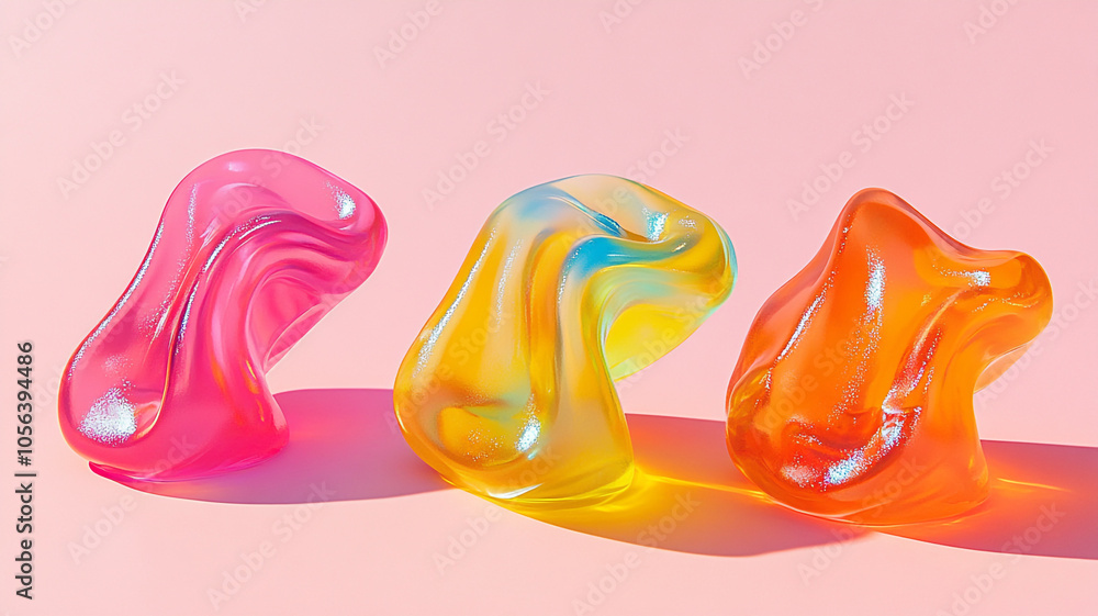 Poster Colorful translucent blobs on a pink background showcase vibrant design and playful shapes