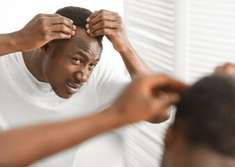 Dandruff Problem. Worried African American Man Looking At Flaky Scalp In Mirror, Touching Head...