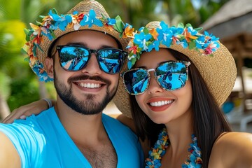 Close-up of a couple taking a selfie on a travel adventure, with joyful expressions and bright smiles, symbolizing excitement and shared experiences