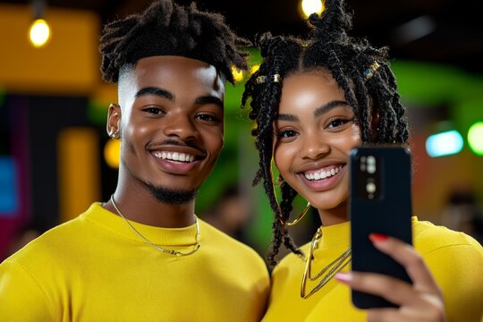 Close-up of a couple taking a selfie on a travel adventure, with joyful expressions and bright smiles, symbolizing excitement and shared experiences