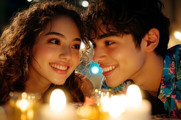 Close-up of a person blushing and smiling shyly while glancing at their crush, with soft, warm lighting to capture the feeling of admiration, symbolizing warmth and charm