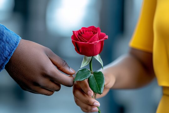 Close-up of a man giving a woman a rose, with genuine, heartfelt expressions showing the joy of a romantic gesture, symbolizing care and warmth