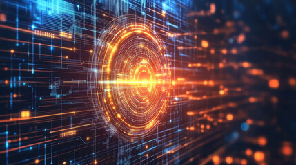 Obraz premium Futuristic and high tech background featuring glowing circular patterns and vibrant lines representing data flow. This evokes sense of advanced technology and innovation