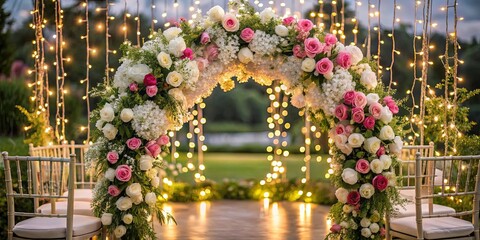 Obraz premium A floral archway adorned with white and pink roses, illuminated by a string of twinkling lights, creates an enchanting backdrop for a special occasion.