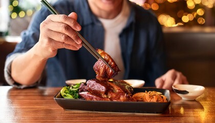 Faceless man eat Char Siu in restaurant with bokeh background. Chinese Food.