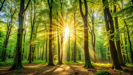 Obraz premium Golden Rays Illuminate a Verdant Forest Canopy, Bathing the Woodland Floor in a Warm, Ethereal Glow