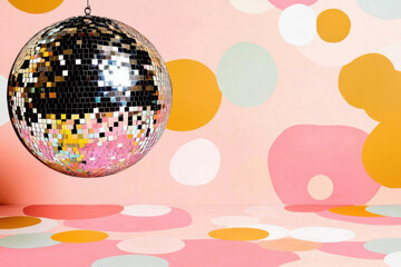 Reflective disco ball with colorful abstract background for trendy retro inspired design