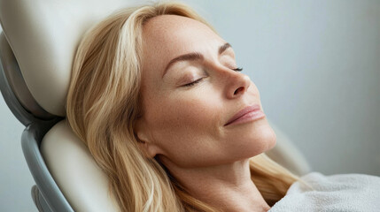 Fototapeta premium serene woman with blonde hair relaxes during spa treatment, embodying tranquility and self care. Her peaceful expression reflects moment of rejuvenation and wellness