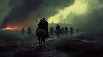Silhouettes of Warriors on Horseback Riding Through a Battlefield